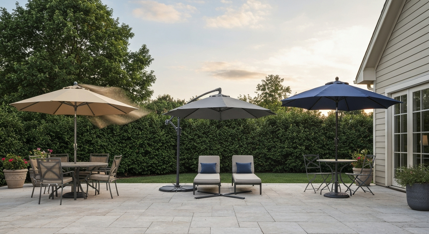 Three patio umbrellas on a sunlit patio — budget table umbrella, midrange Sunbrella center-pole, and premium vented cantilever — shown in an editorial product shot.