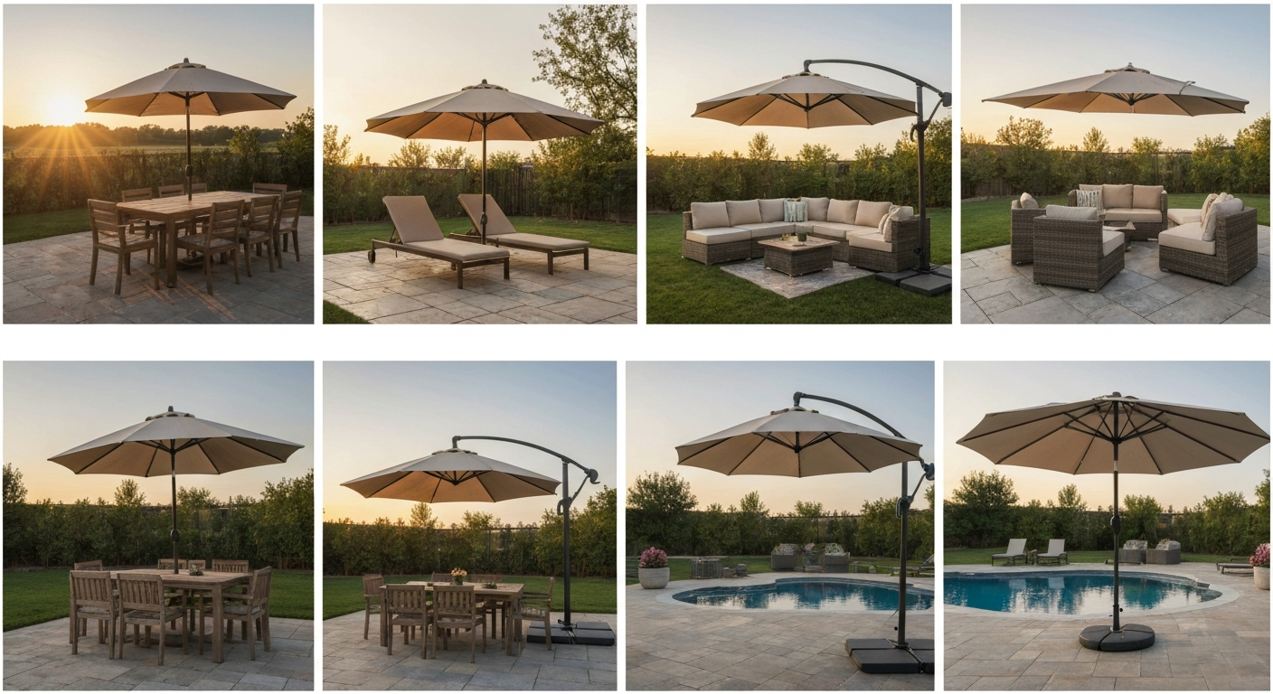 Collage of five patio umbrella styles — center-post market umbrellas, an offset cantilever umbrella with vents, a slim-pole table umbrella, and a large marine-grade cantilever by a pool — in a warm backyard setting.