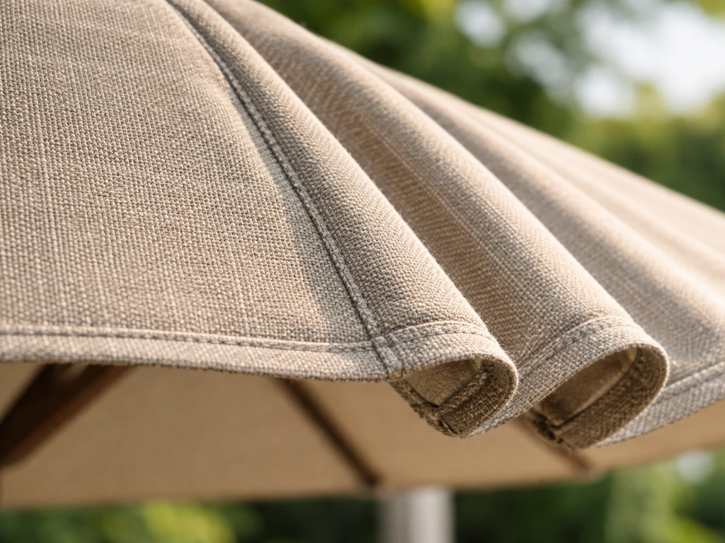 Close-up of luxury patio umbrella canopy fabric showing solution-dyed acrylic texture and UV seam stitching.