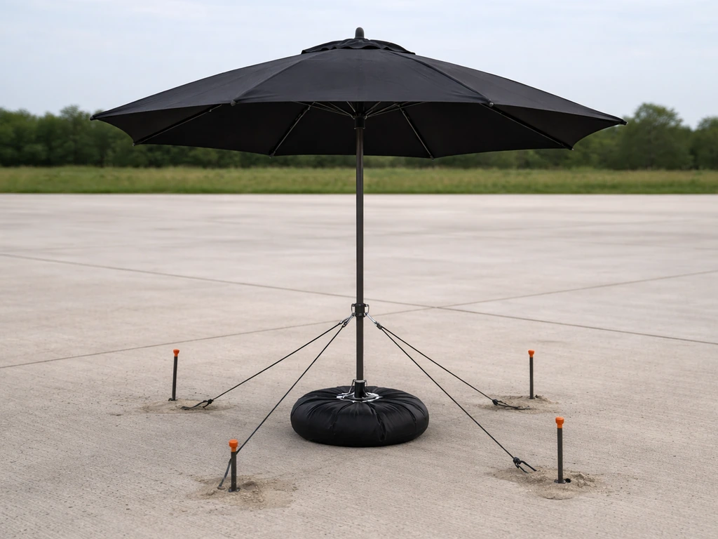 Open umbrella on a test surface with stakes and a weighted base to show wind stability setup.
