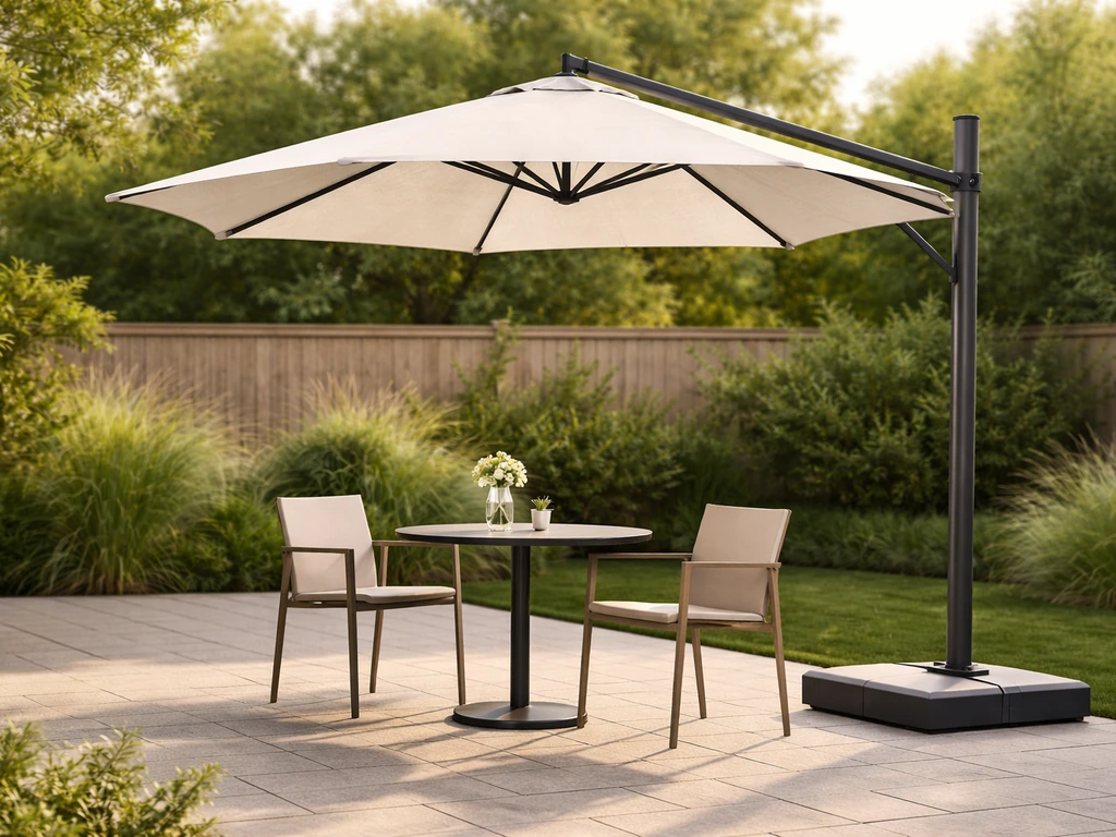 Offset cantilever patio umbrella shading a small outdoor table and chairs in a quiet backyard patio.