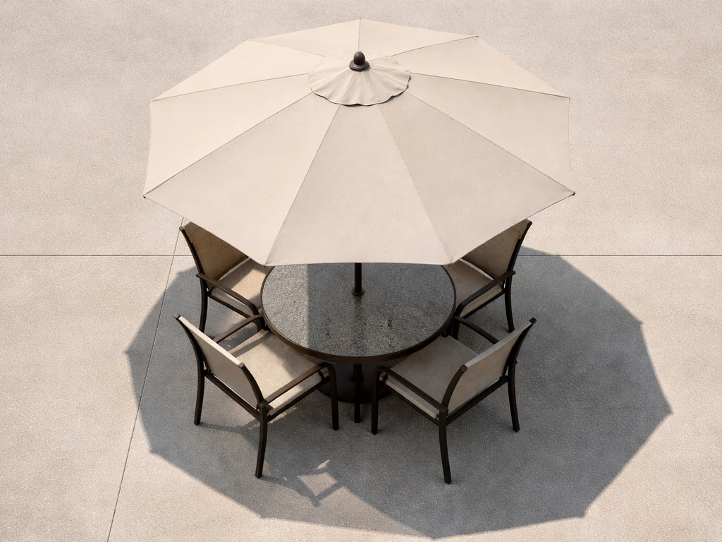 Top-down view of a 4-person patio table under an umbrella, showing 2–3 ft overhang coverage.