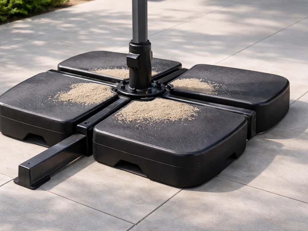 Close-up of an offset umbrella base with cross-base and ballast on a patio surface for wind stability.