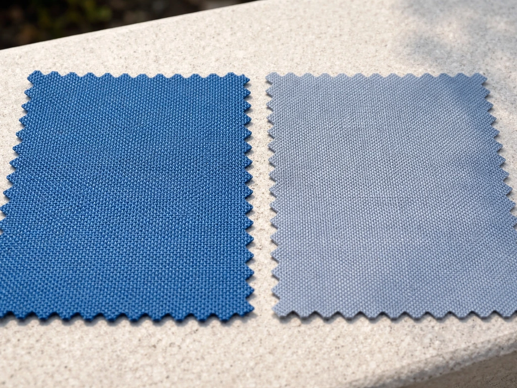 Close-up of two canopy fabric swatches side-by-side: fresh acrylic vs sun-faded polyester.