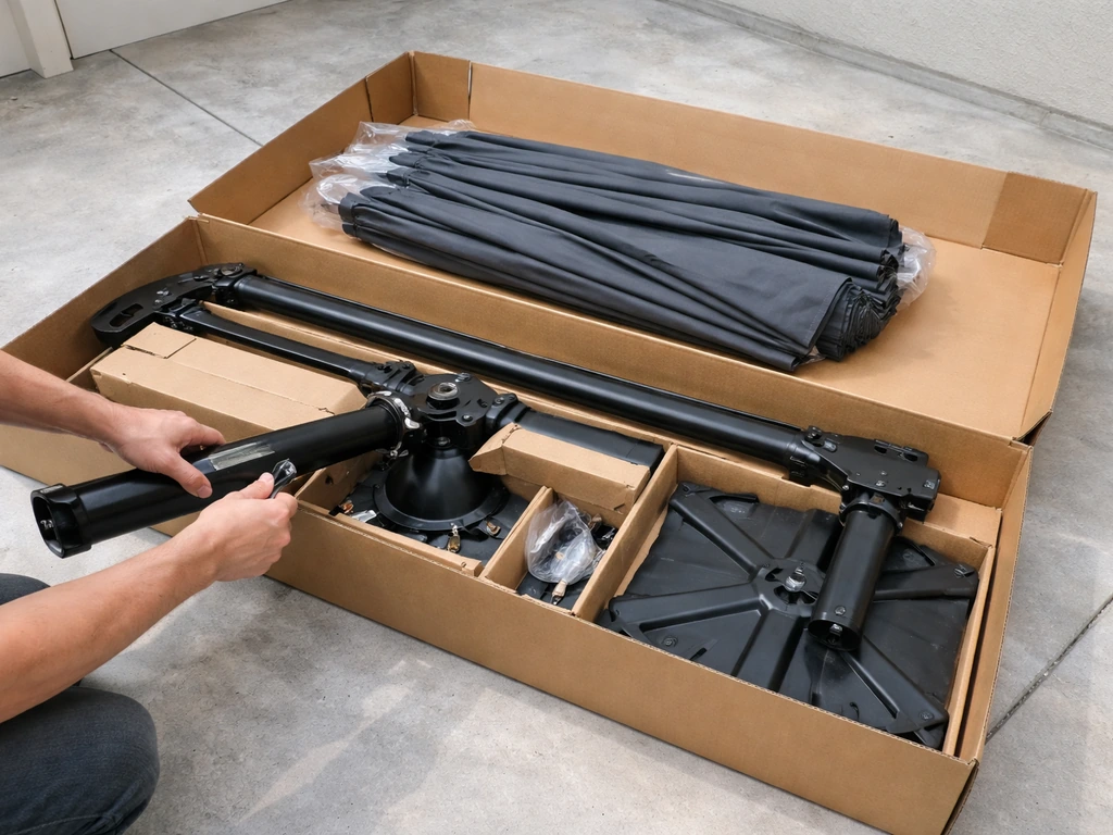 Hands assembling an offset patio umbrella from large shipping boxes on a patio floor.