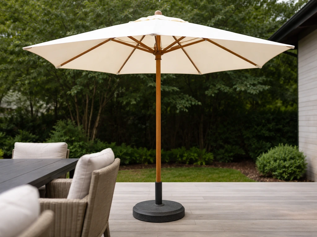 Wood-pole patio umbrella open over an outdoor dining setup, stable base clearly visible.