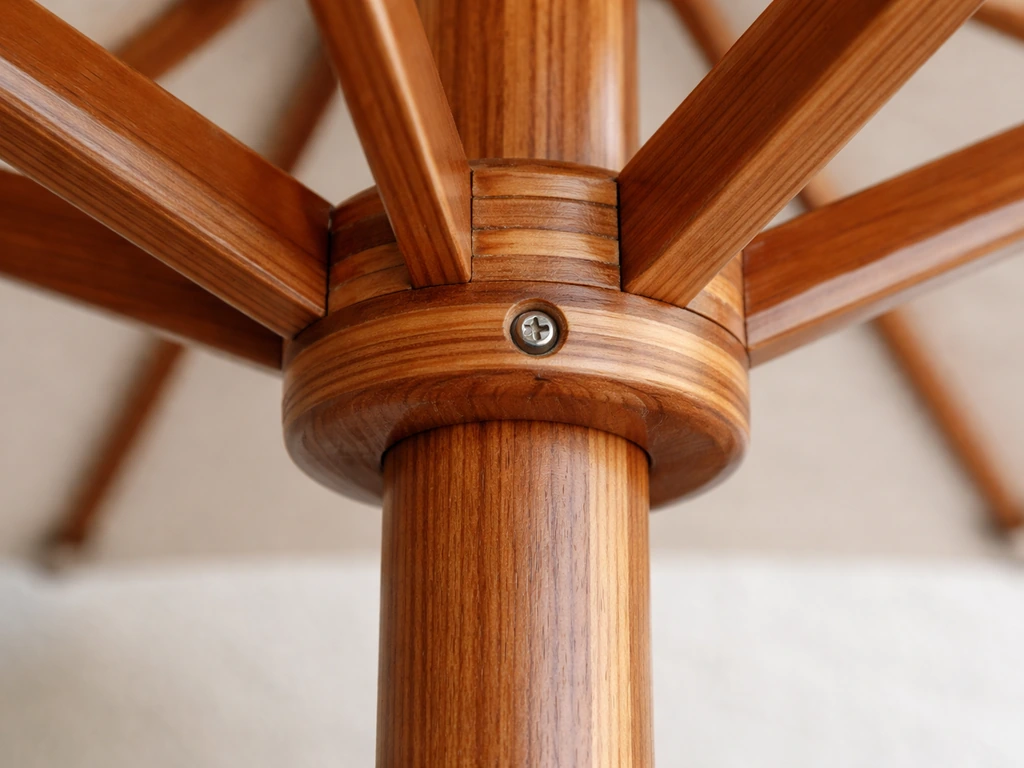 Close-up of a laminated wood umbrella pole and hub highlighting clean joinery and hardware quality.