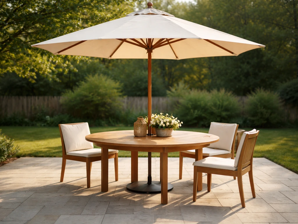 9-ft wood patio umbrella canopy centered over a round dining table on a backyard patio