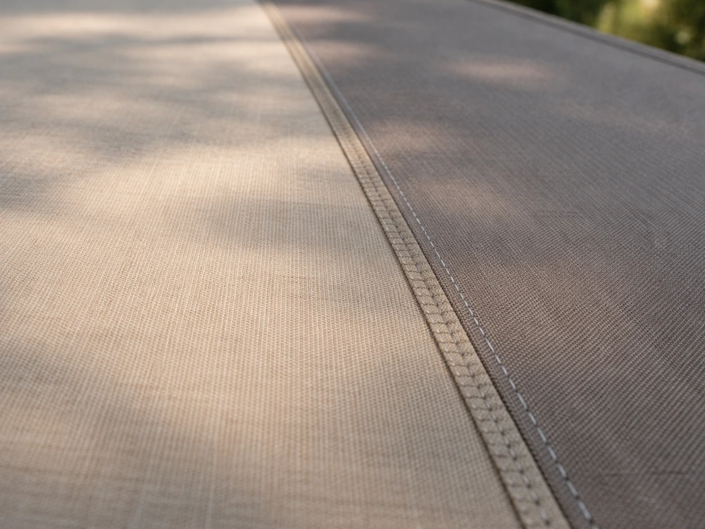 Close-up of acrylic canopy fabric showing brighter sun exposure versus richer shaded tone, with visible seam.