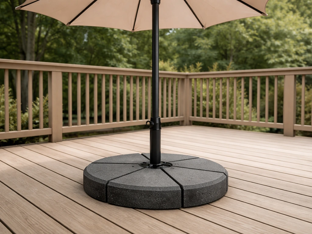 Patio umbrella on a deck with a clearly visible weighted base for stability in outdoor daylight.