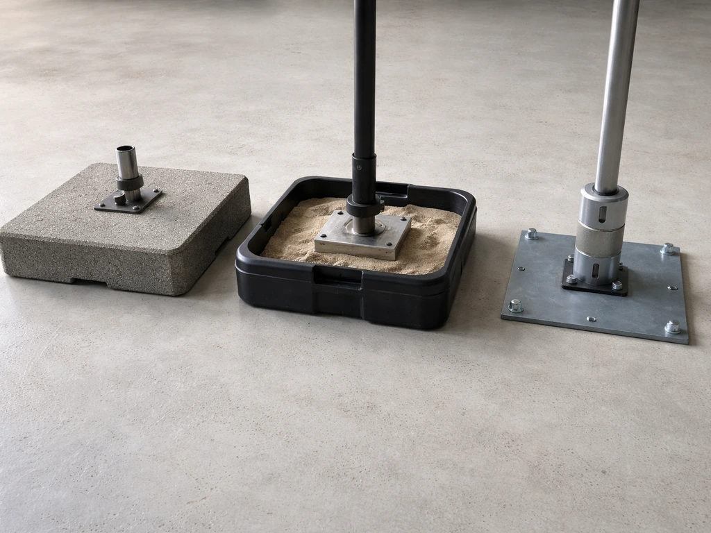 Three weighted base setups side-by-side: solid pre-cast, fillable with sand/plates, and bolted anchored base.