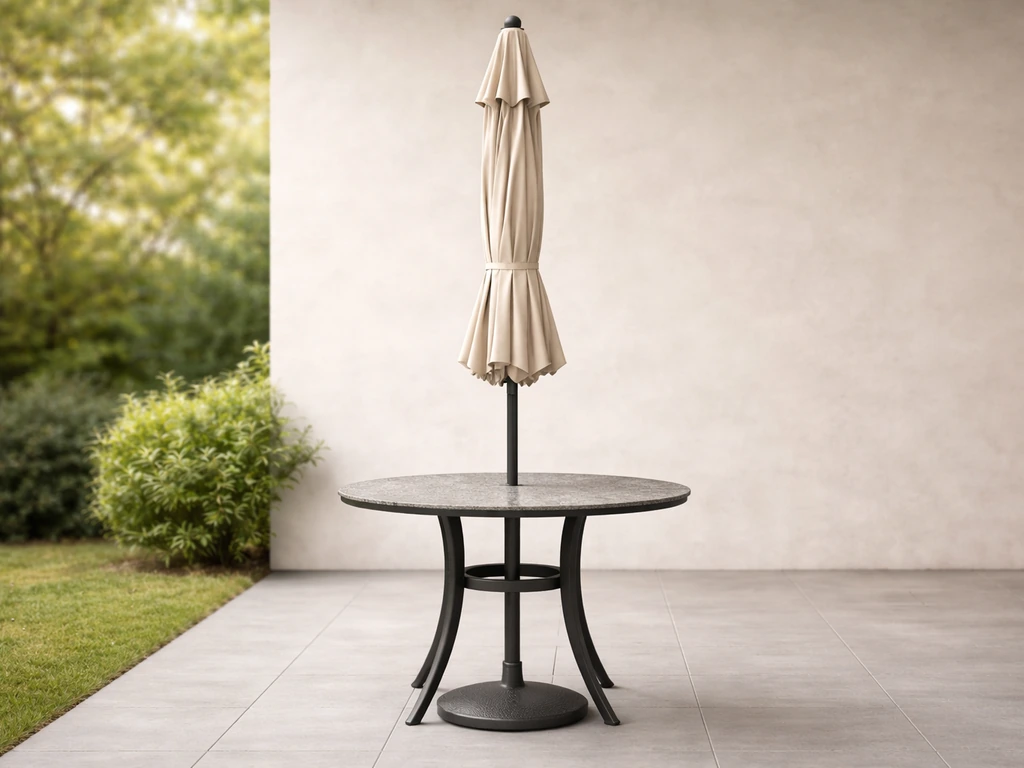 Market center-pole umbrella with centered pole above the table and base footprint beneath it.