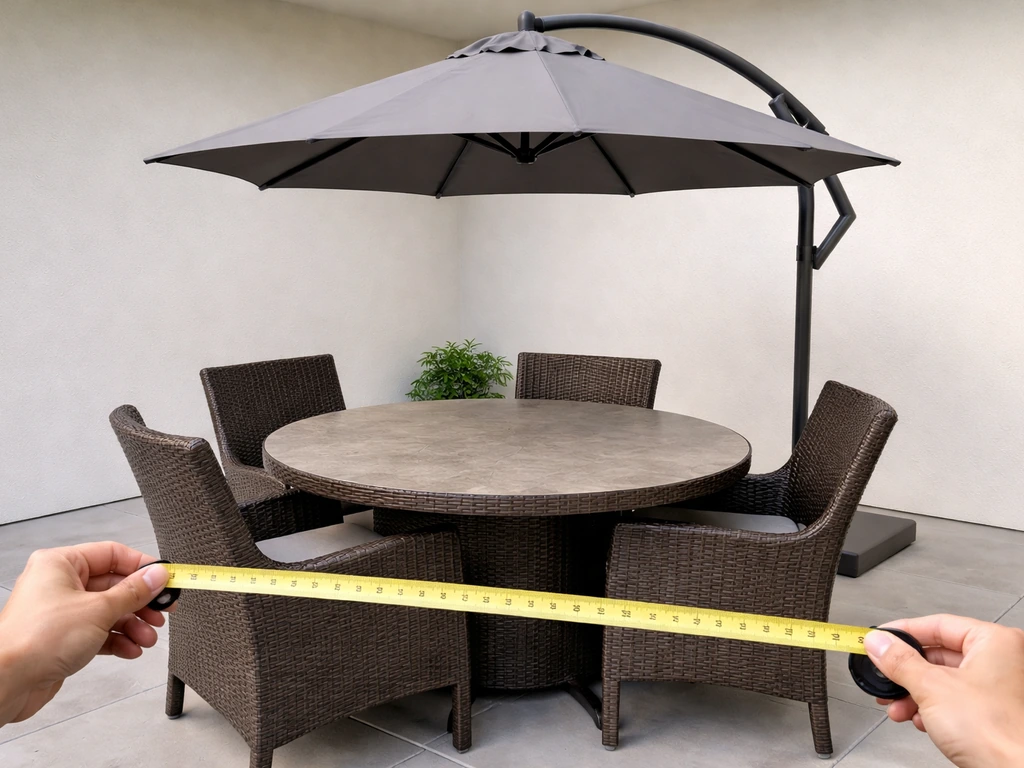 Tape measure stretched across a patio table with chairs beneath a closed matching umbrella canopy
