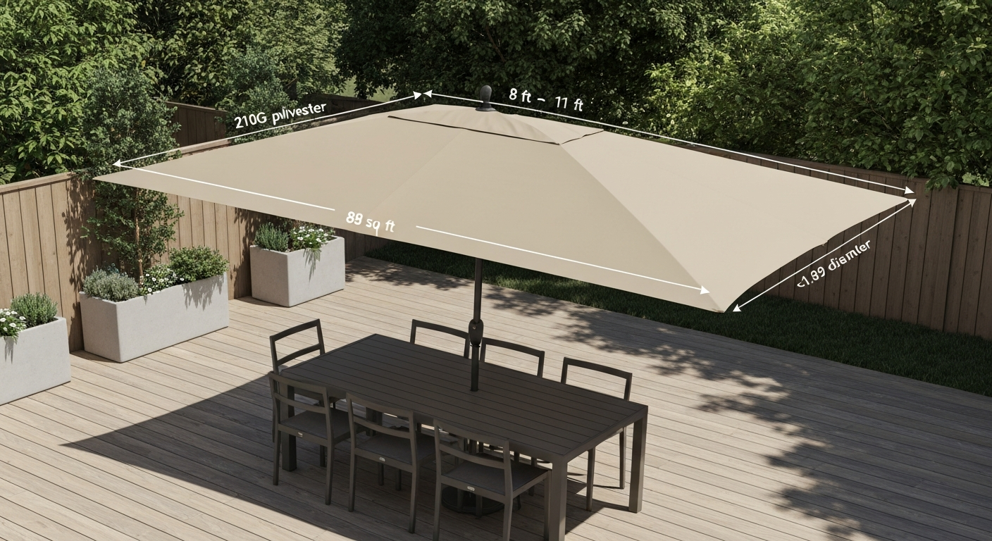 Photorealistic render of an 8x11ft rectangular patio umbrella over a rectangular dining table showing canopy dimensions and hand-crank pole.