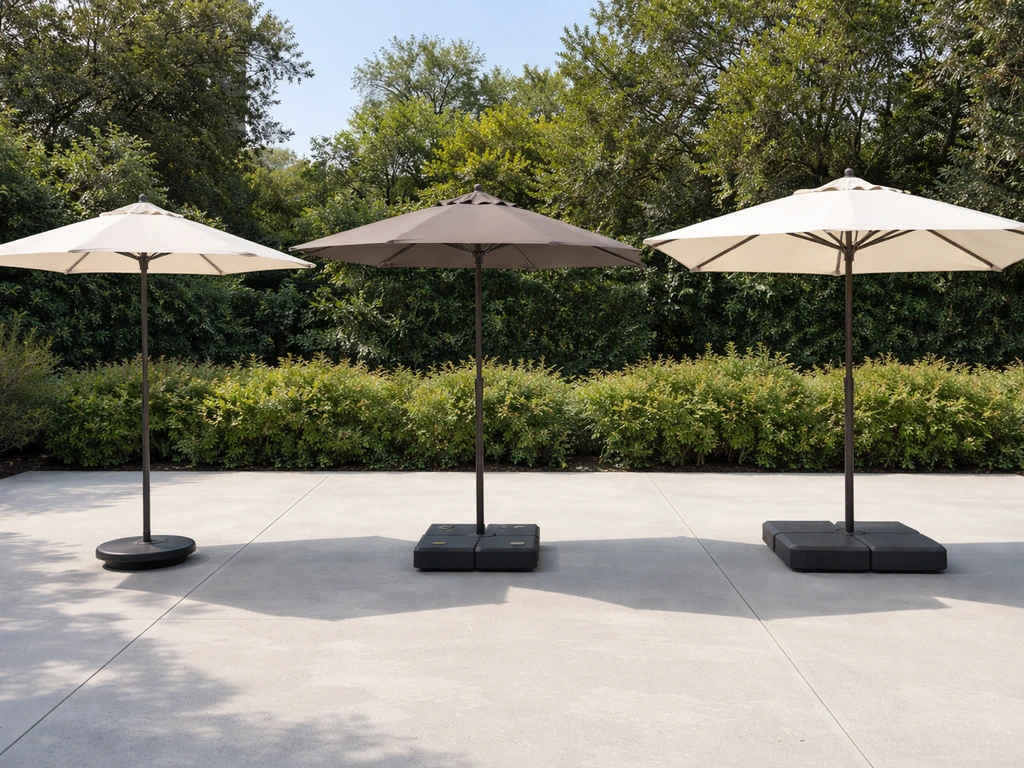Three patio umbrella setups side-by-side showing entry, mid, and premium price tiers outdoors
