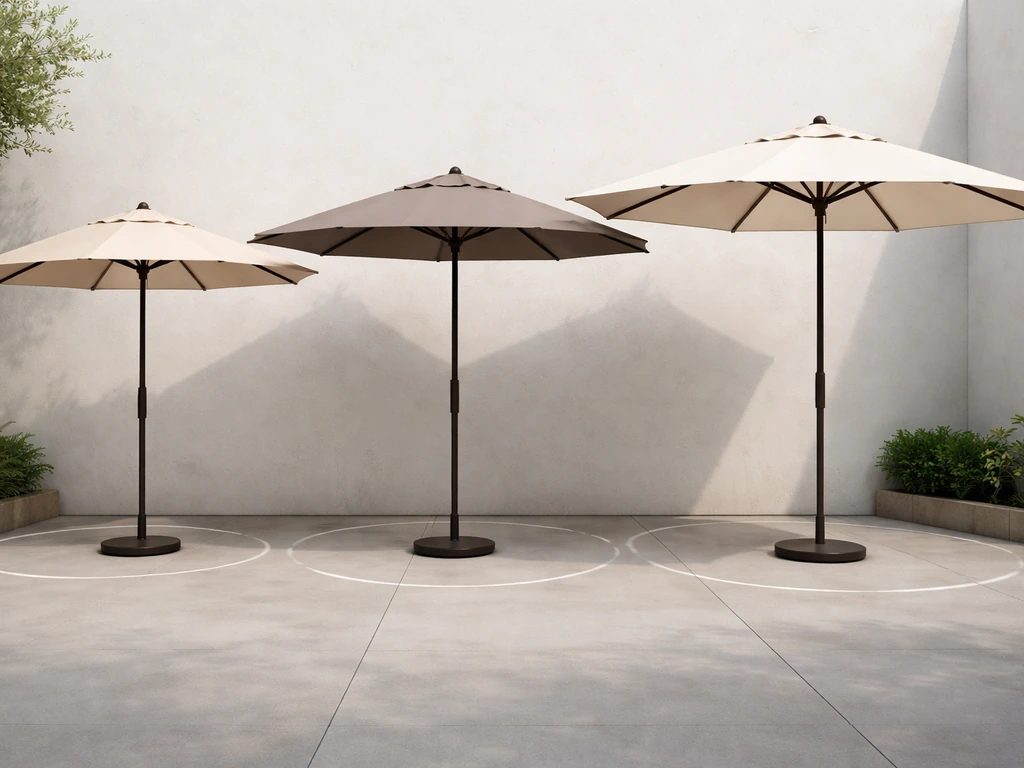 Three open umbrellas of different sizes with faint ground arcs showing coverage radius for each.