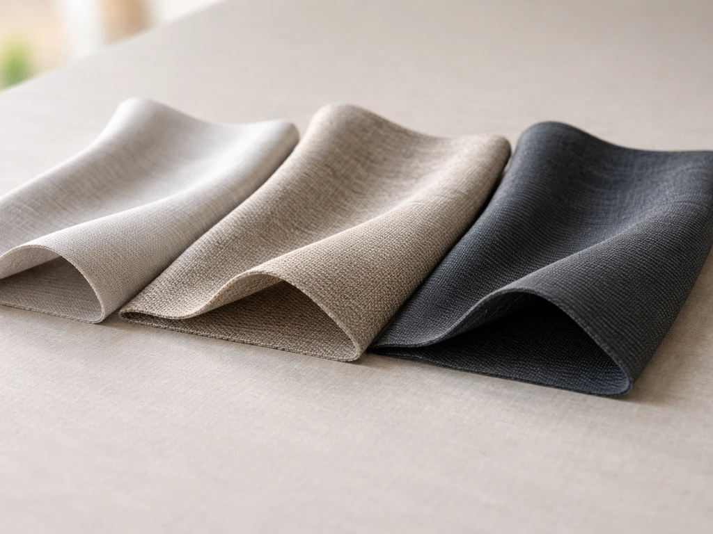 Three side-by-side draped fabric swatches showing different weaves and color depth under natural light.