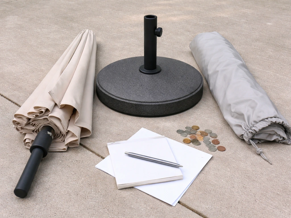 Patio umbrella setup with base and cover on concrete, with coins and blank envelopes for budgeting theme.