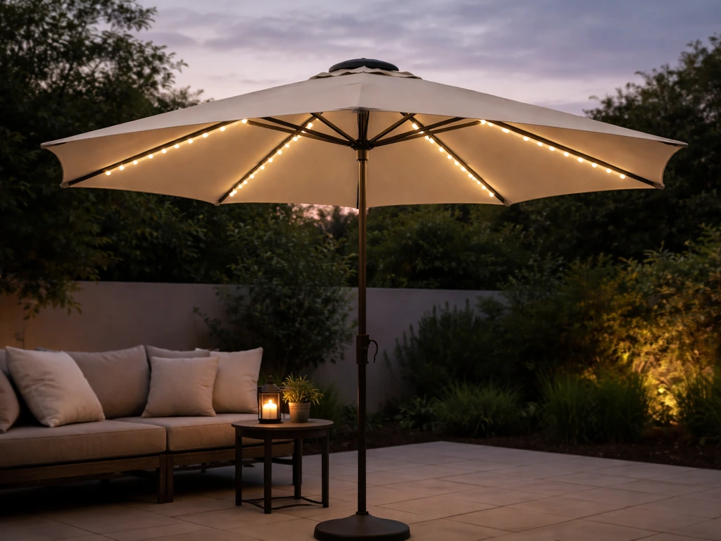 10ft solar LED patio umbrella open on a quiet outdoor patio, solar panel lit canopy ready.