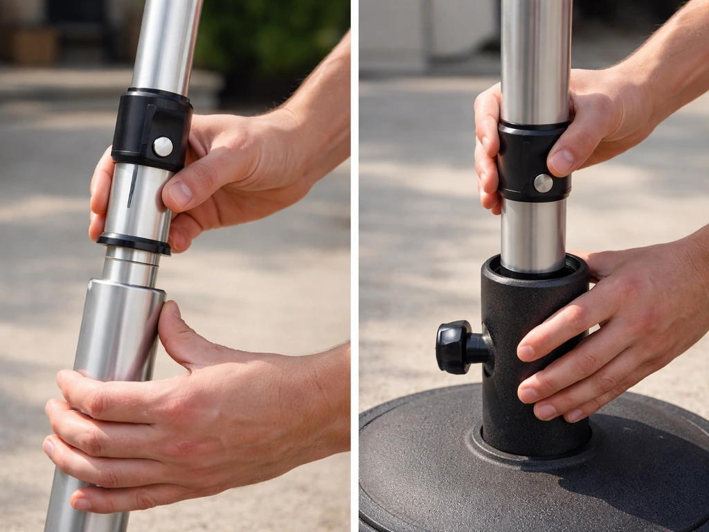 Close-up of assembling a solar umbrella pole with visible locking collars/pins and base socket alignment.