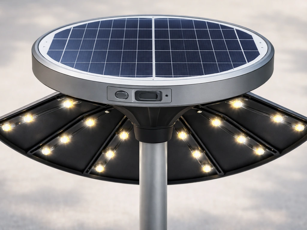 Top-of-pole view of a solar LED light showing the panel, 8 canopy ribs, and LED layout with switch area