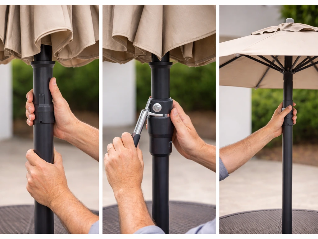 Person opening and securing a patio umbrella—pole inserted, tilted correctly, then crank locked in place