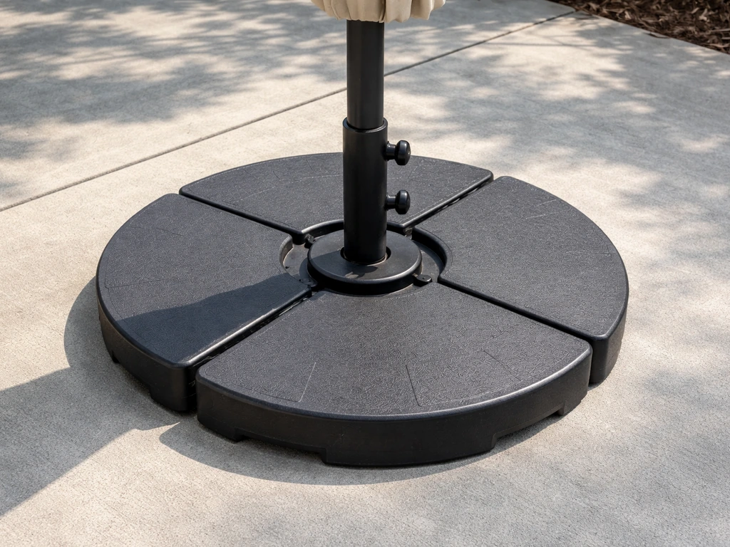 Weighted umbrella base with an umbrella inserted into a 1.5-inch style pole socket, standing securely outdoors