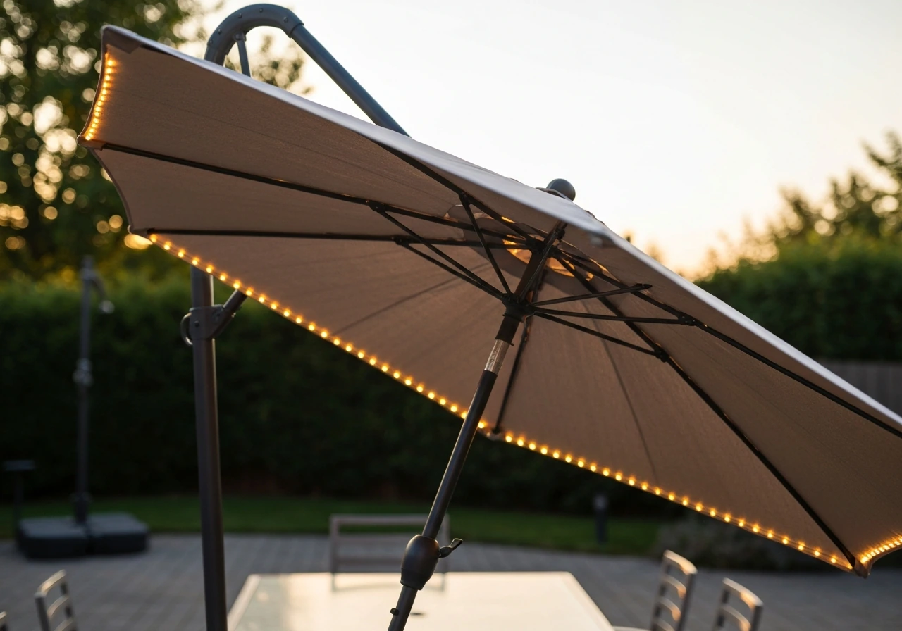 Tilted solar LED patio umbrella with warm lights glowing above a patio table