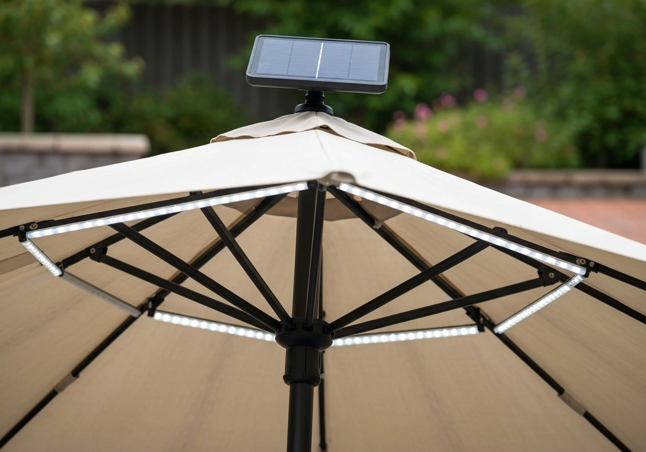Close view of a solar LED tilt patio umbrella showing canopy tilt, solar panel, and LEDs