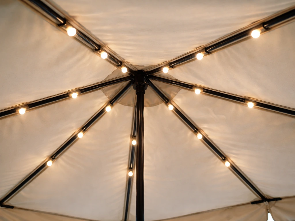 Top view inside a canopy showing evenly spaced LEDs along multiple ribs for broad light coverage.