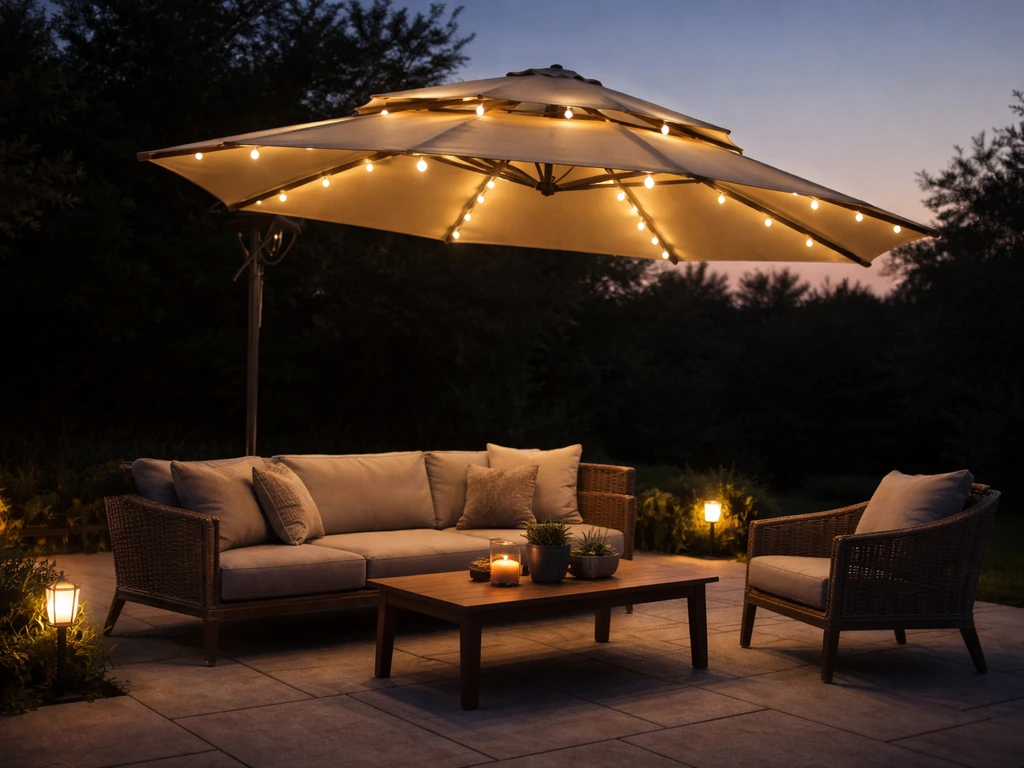 Dusk patio scene with a tilted solar umbrella glowing LEDs across outdoor seating.