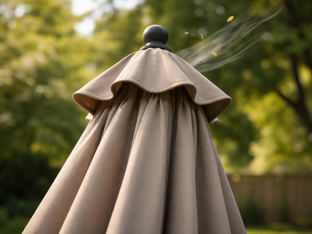 Close view of an outdoor patio umbrella canopy showing a top wind vent letting air pass through.
