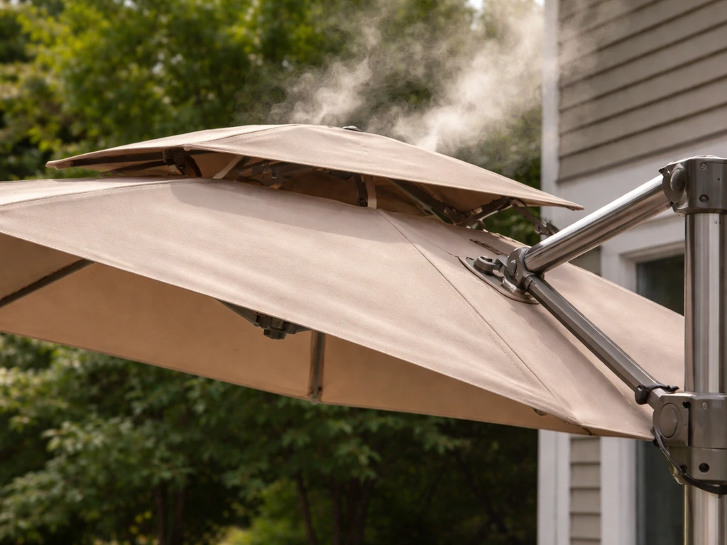 Outdoor patio double-vented canopy with open tilt mechanism, vents visible and airflow implied by drifting mist.