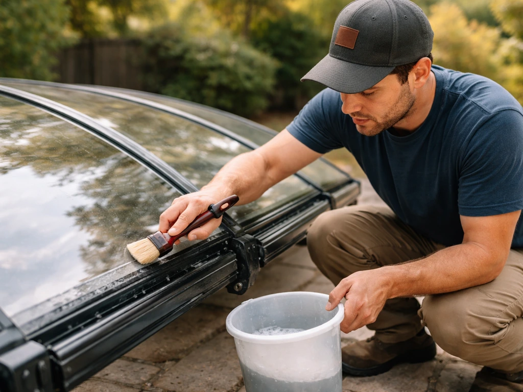 Technician softly brushes warm soapy water to clean an acrylic canopy and checks powder-coated hardware.