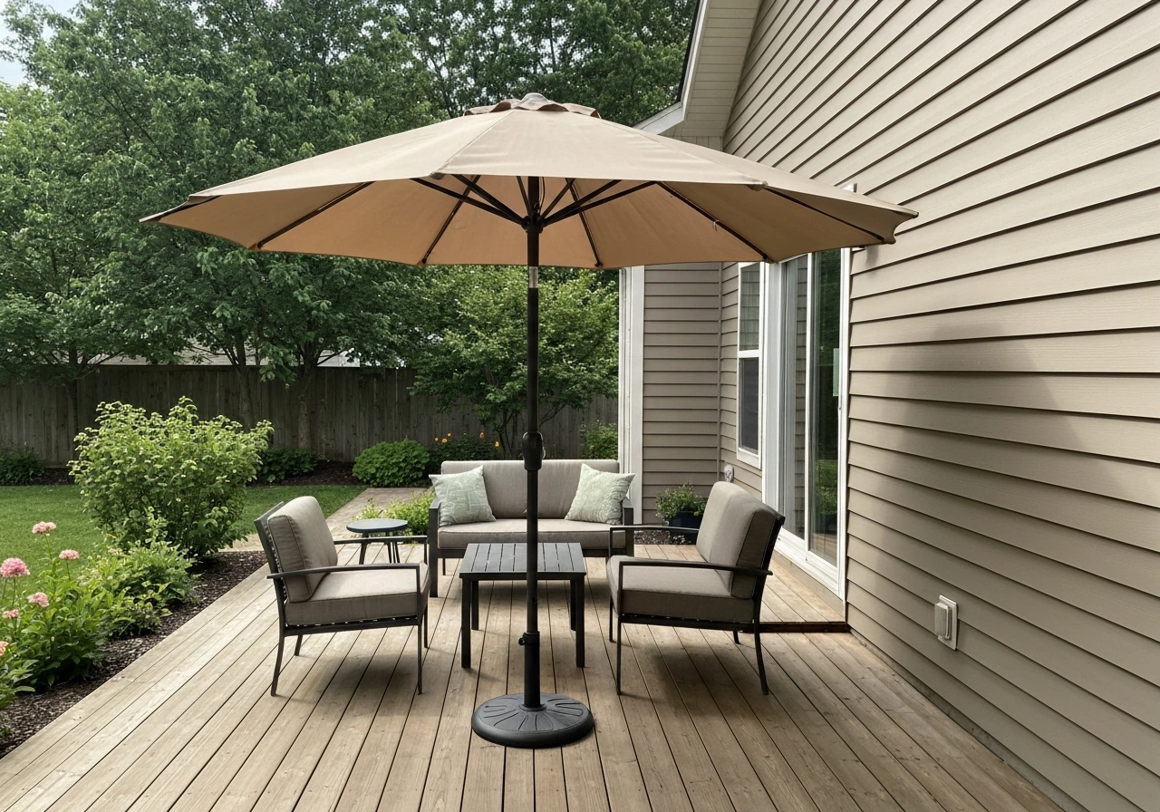 Neatly coordinated patio umbrella color matching deck, siding, and outdoor cushions in a sunny backyard