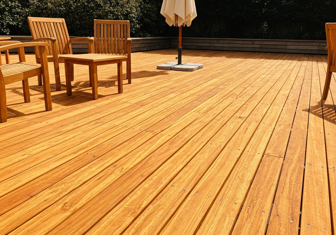 Warm wood deck with teak outdoor furniture and a neutral cream umbrella on a tidy patio.