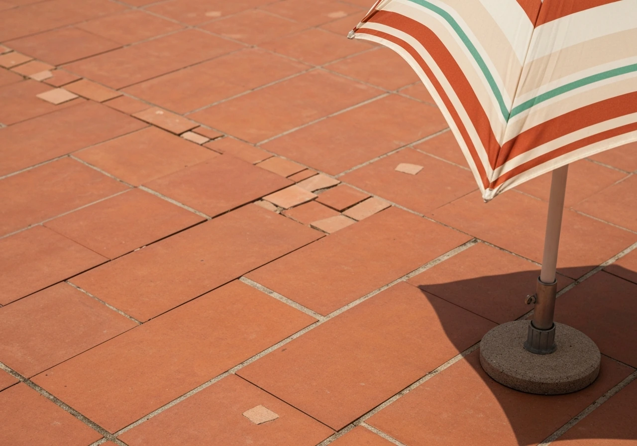 Close-up of red brick/terracotta patio floor with a cream and rust striped umbrella and a hint of green stripe.