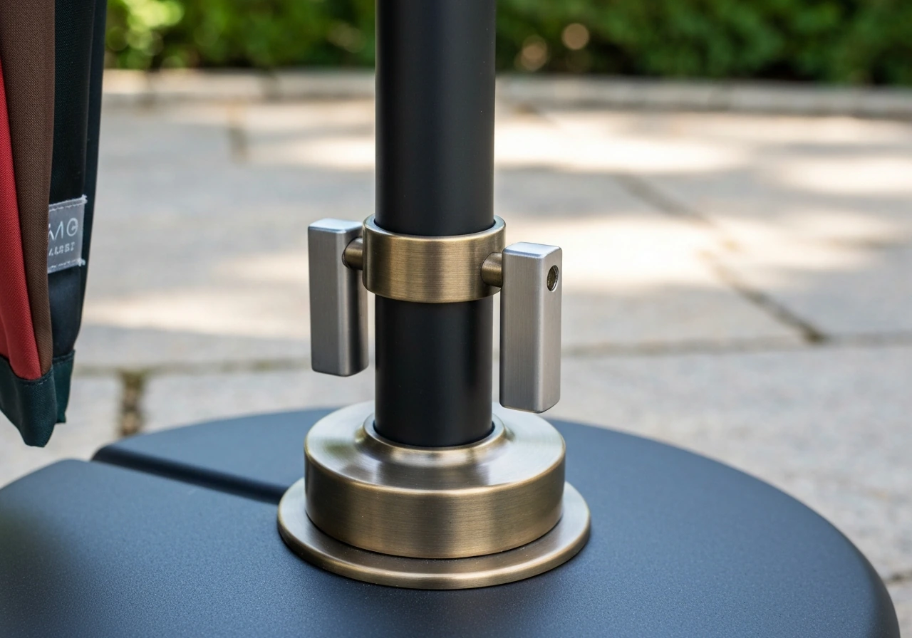 Close-up of umbrella base hardware with matte black pole and bronze-toned fittings in a simple outdoor setting.