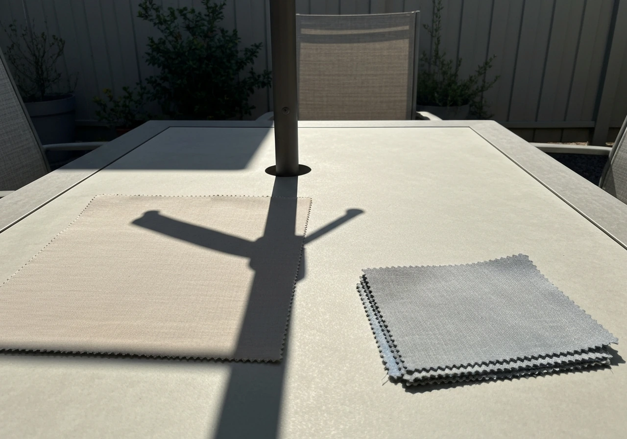 Fabric swatches and an open umbrella on a patio showing shade-to-sun color difference