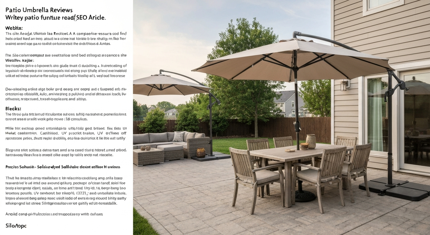 Backyard patio with a 9-foot market umbrella over a dining table and a cantilever umbrella over a sectional, showing crank, vented canopy, and stable base.