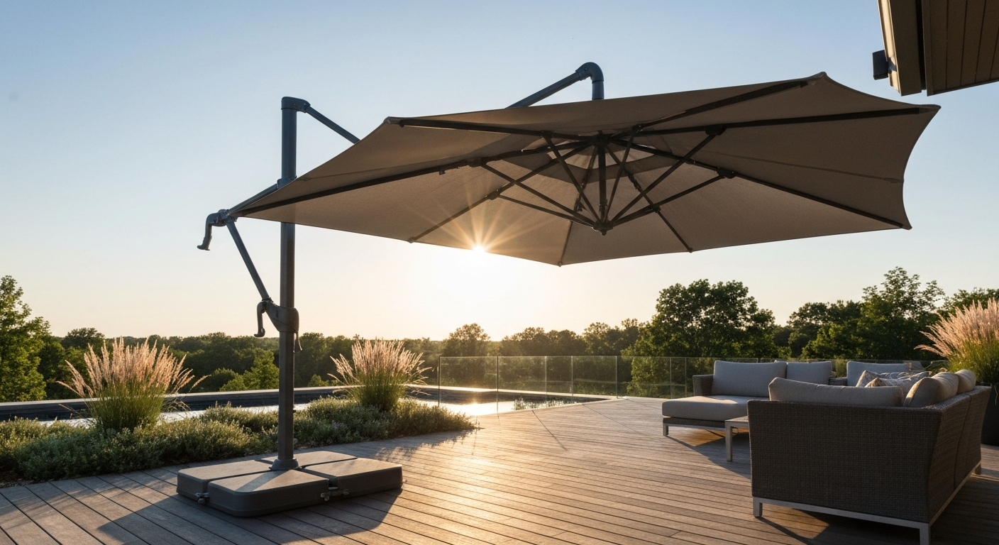 Premium cantilever patio umbrella shading a modern outdoor lounge on a sunny day, showing fabric texture and sturdy arm.