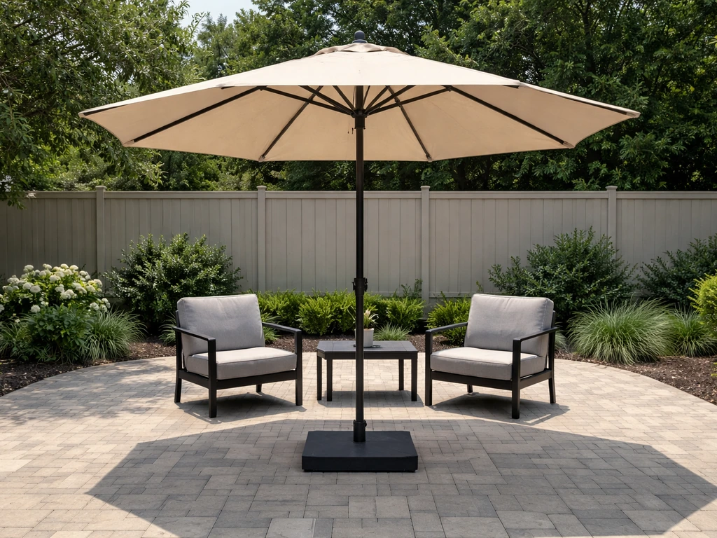 Wide patio with a fully opened 11ft umbrella casting shade, standing stable on a weighted base.