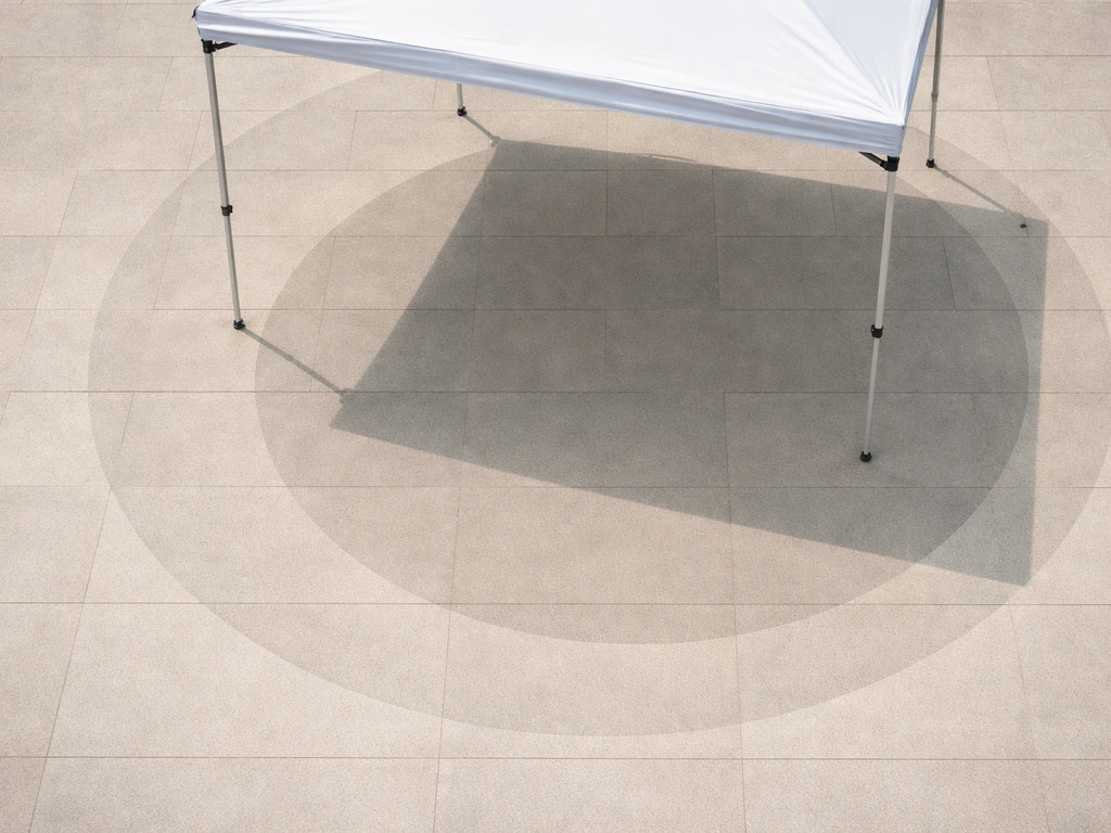 Top-down patio scene showing an 11ft canopy diameter with a smaller inner usable shade area