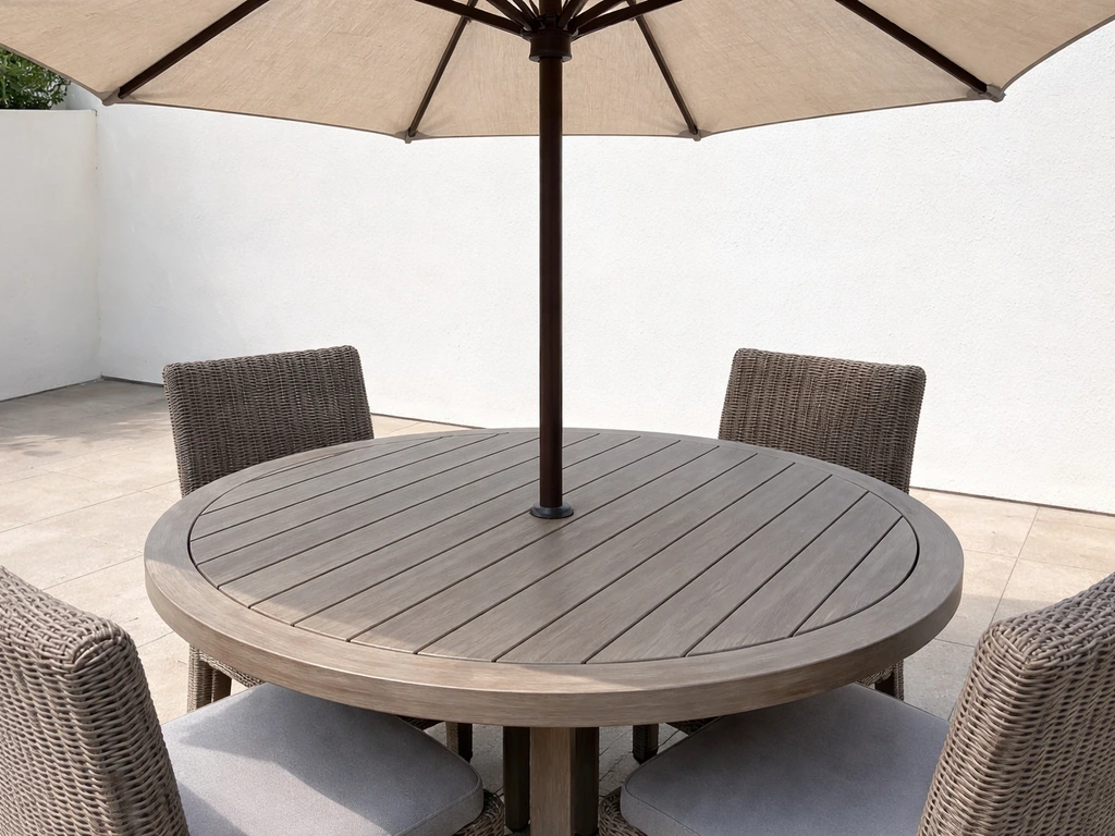 Center-pole patio umbrella pole fitted through the table’s center umbrella hole.