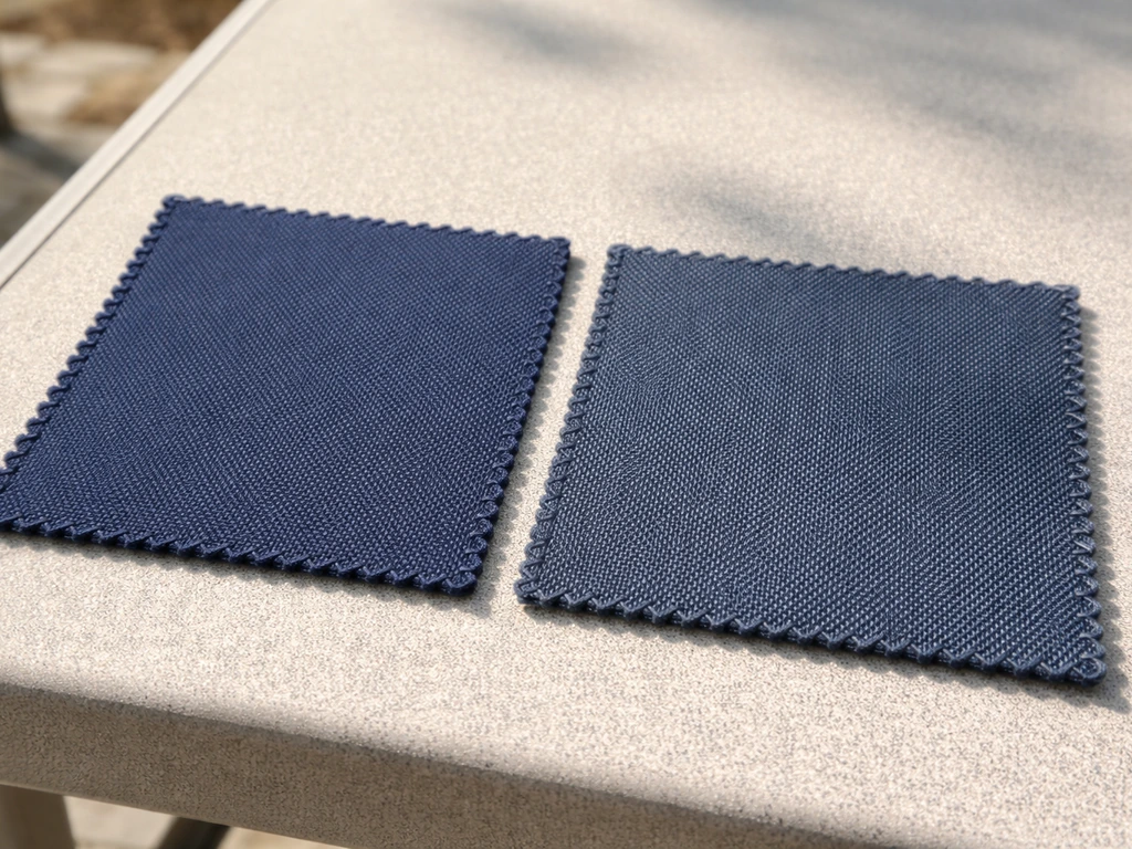 Close-up of two outdoor canopy fabric swatches side-by-side showing subtle weave and color differences in sunlight.