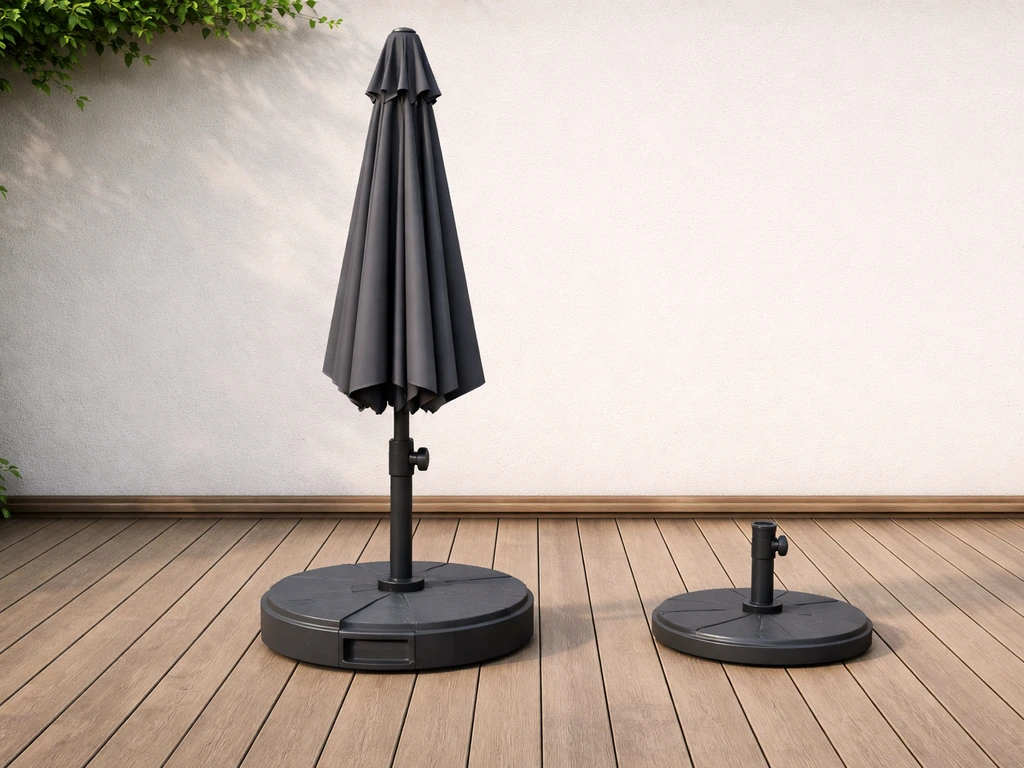 Large 11ft patio umbrella anchored by a heavy base on a deck, with a lighter base shown beside it