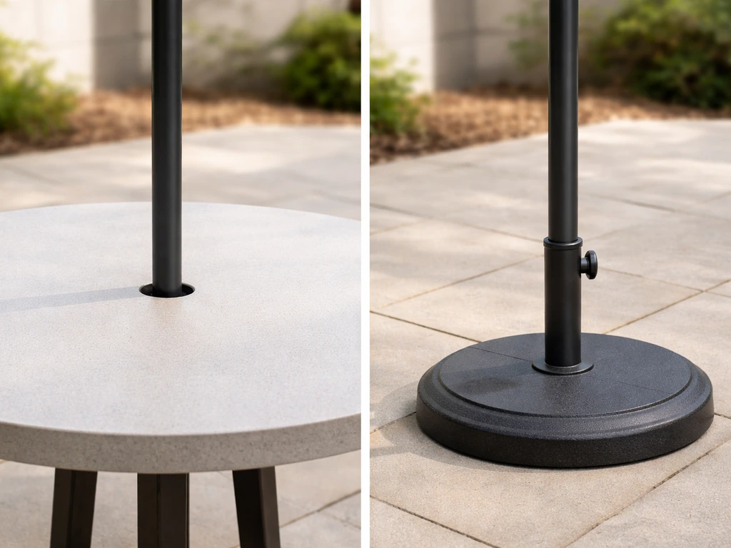 Side-by-side photo of an umbrella pole in a table hole and a freestanding center-pole base on a patio