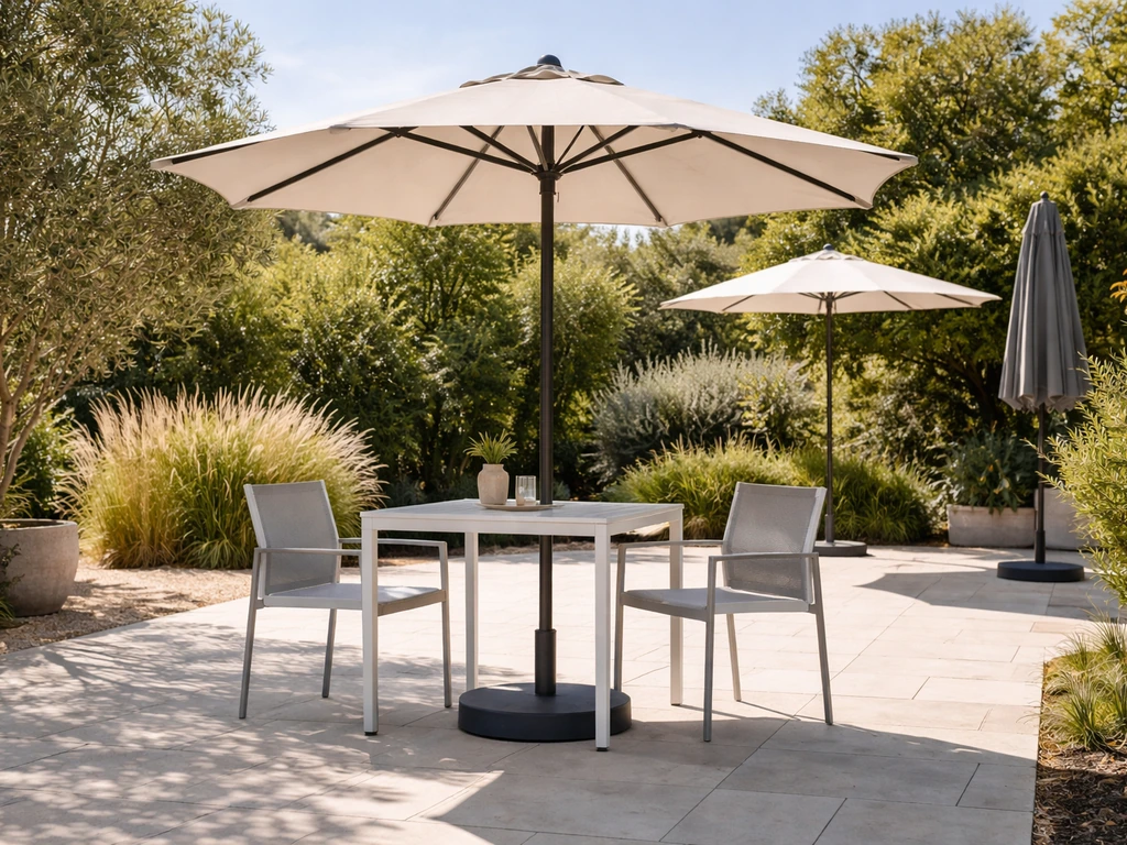 Sunlit patio dining set under a modern umbrella, with subtle hints of different umbrella styles and sizes.