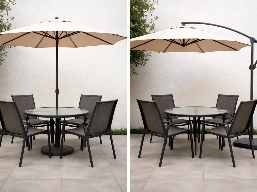 Split-scene photo showing center-pole market umbrella over a table vs cantilever offset umbrella with open seating.