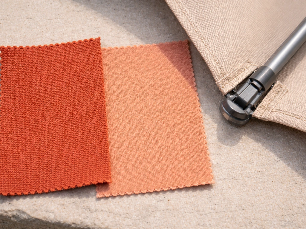 Macro closeups of two outdoor umbrella fabric swatches with a durable canopy frame joint detail.